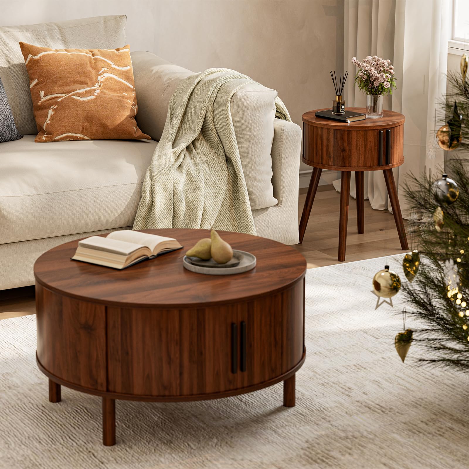 Mid-Century Round Side Table with Sliding Door