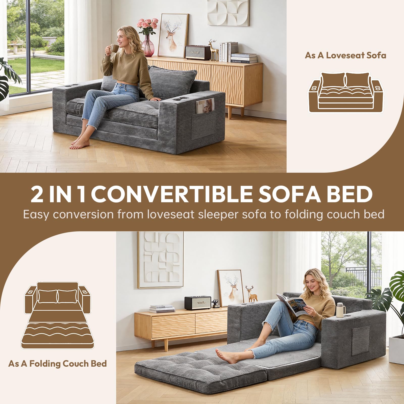 Convertible Loveseat Sofa Bed with Cup Holders