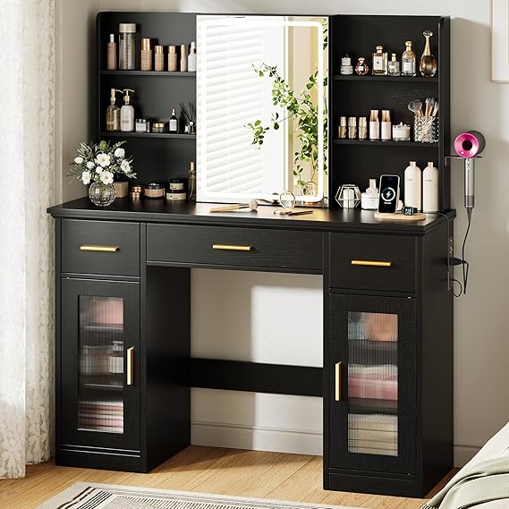 Vanity Desk with LED Mirror, Sliding Mirror & Storage Cabinets
