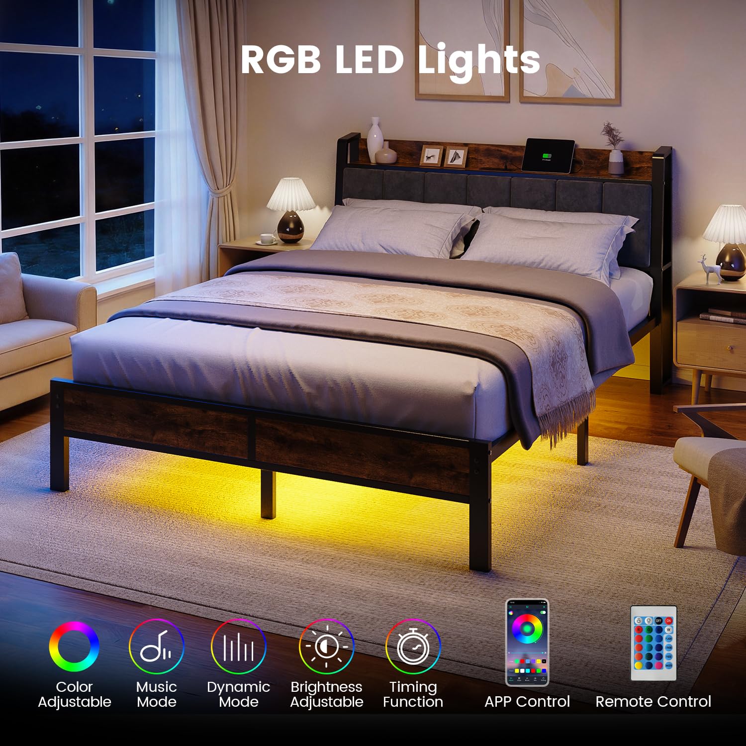 Metal Platform Bed Frame with Upholstered Headboard, Charging Station & LED Lights