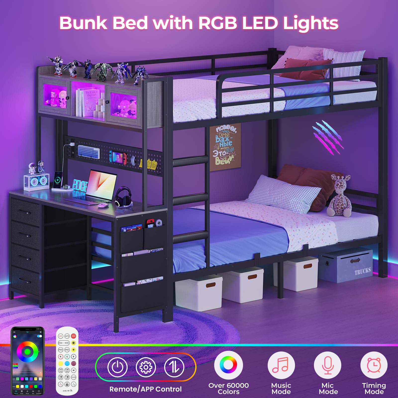 Twin Over Twin Bunk Bed with Desk & LED Light