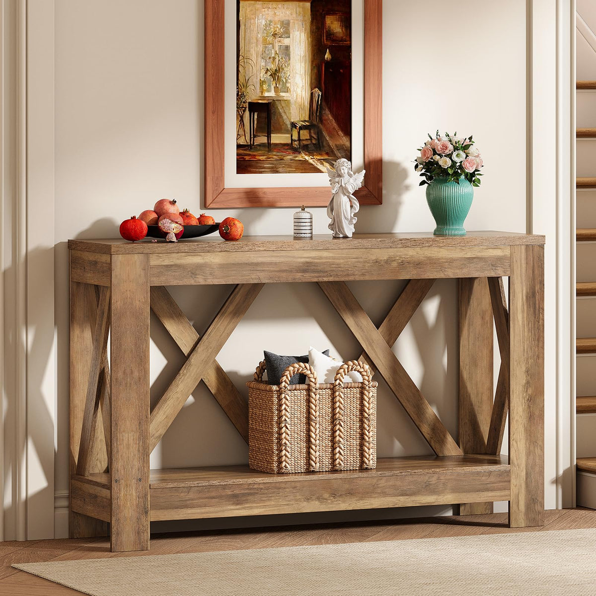 Tohomeor 47.2" Farmhouse Entryway Table, Wooden Rectangular Entry Table, 2-Tier Storage Modern Sofa Table Behind Couch for Entrance, Living Room, Hallway, Foyer, Retro Brown