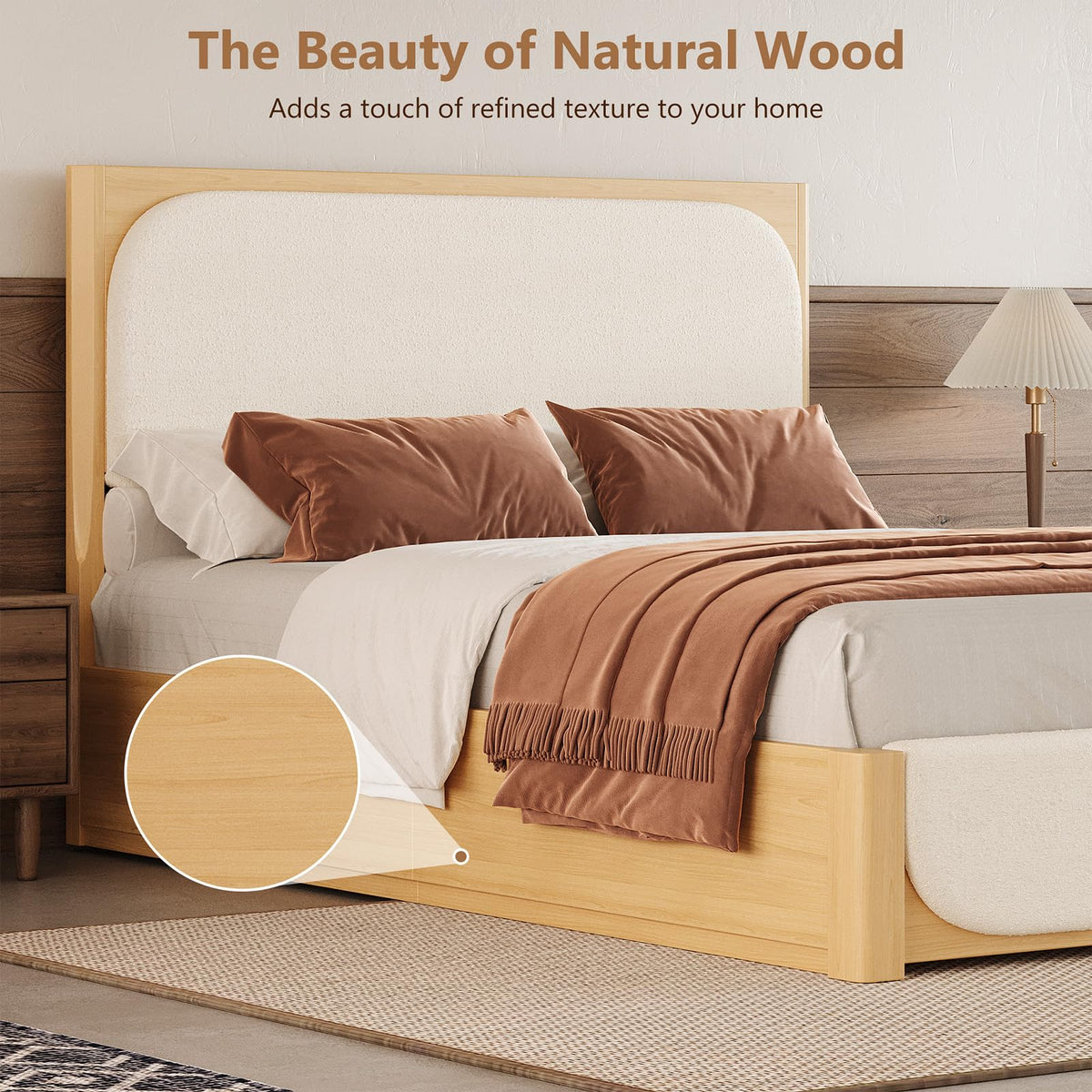 IMMERSTABLE Queen Bed Frame with Upholstered Boucle Headboard, White