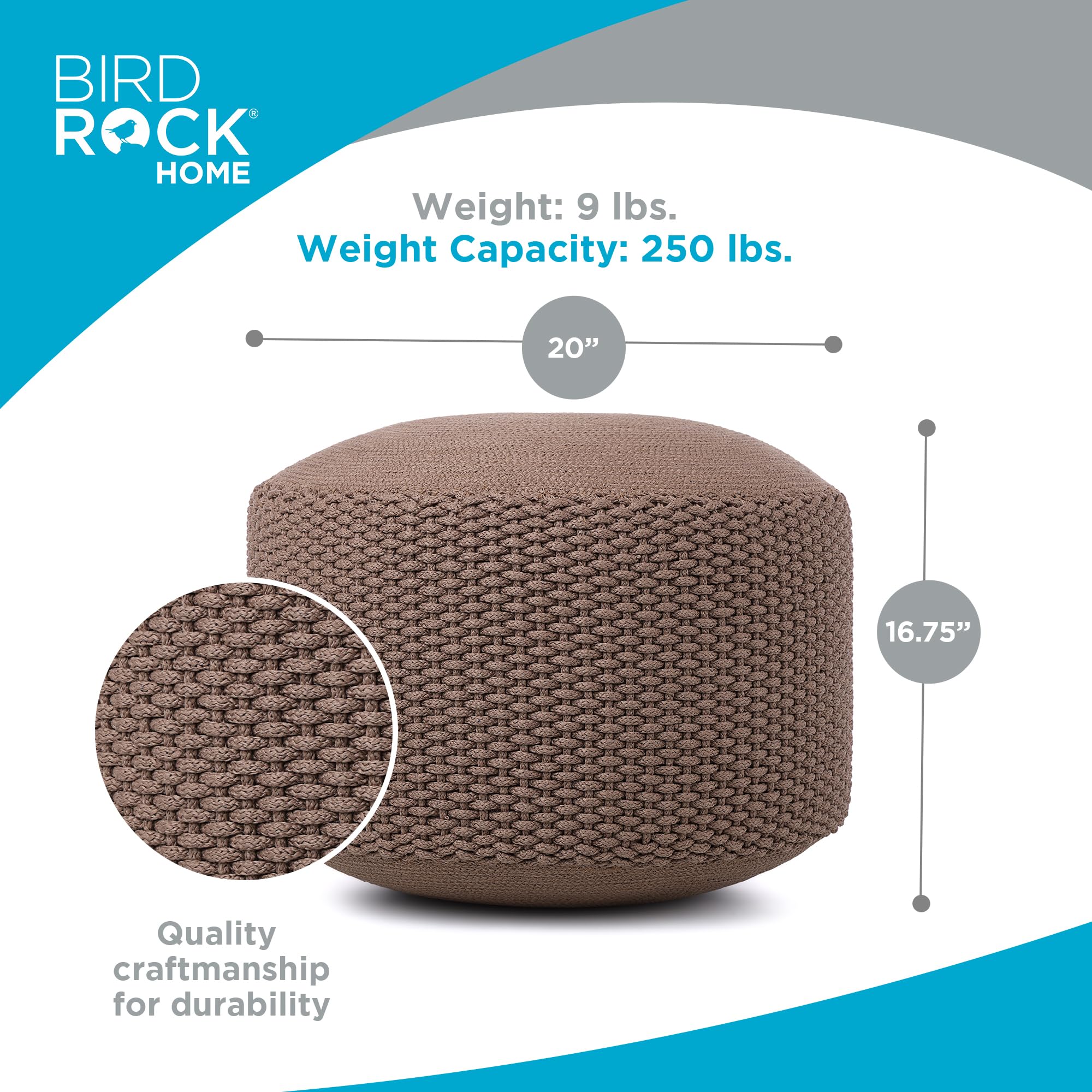 BIRDROCK HOME Outdoor Pouf Ottoman | Hand Woven Waterproof Foot Stool with Bead Bag Filling | Boho Foot Rest for Patio, Living Room, Porch & Outdoor Seating | Lightweight, Soft Stuffed Chair | Brown