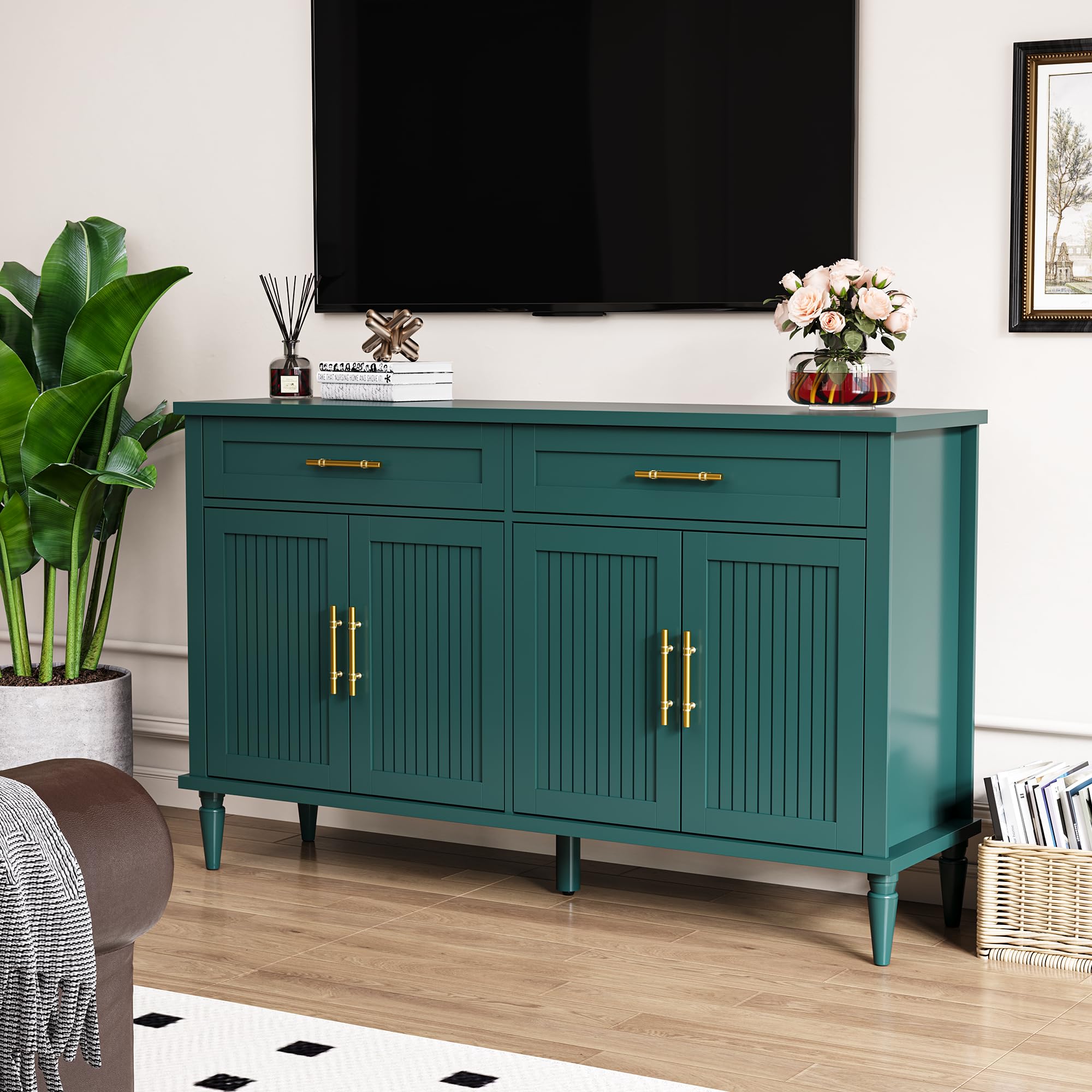 ZOSQUARE 58 Inch Sideboard Buffet Cabinet with Storage, Fluted Buffet Storage Cabinet with 2 Drawers and 4 Doors, Modern Coffee Bar with Adjustable Shelves for Living Room, Kitchen (Green)