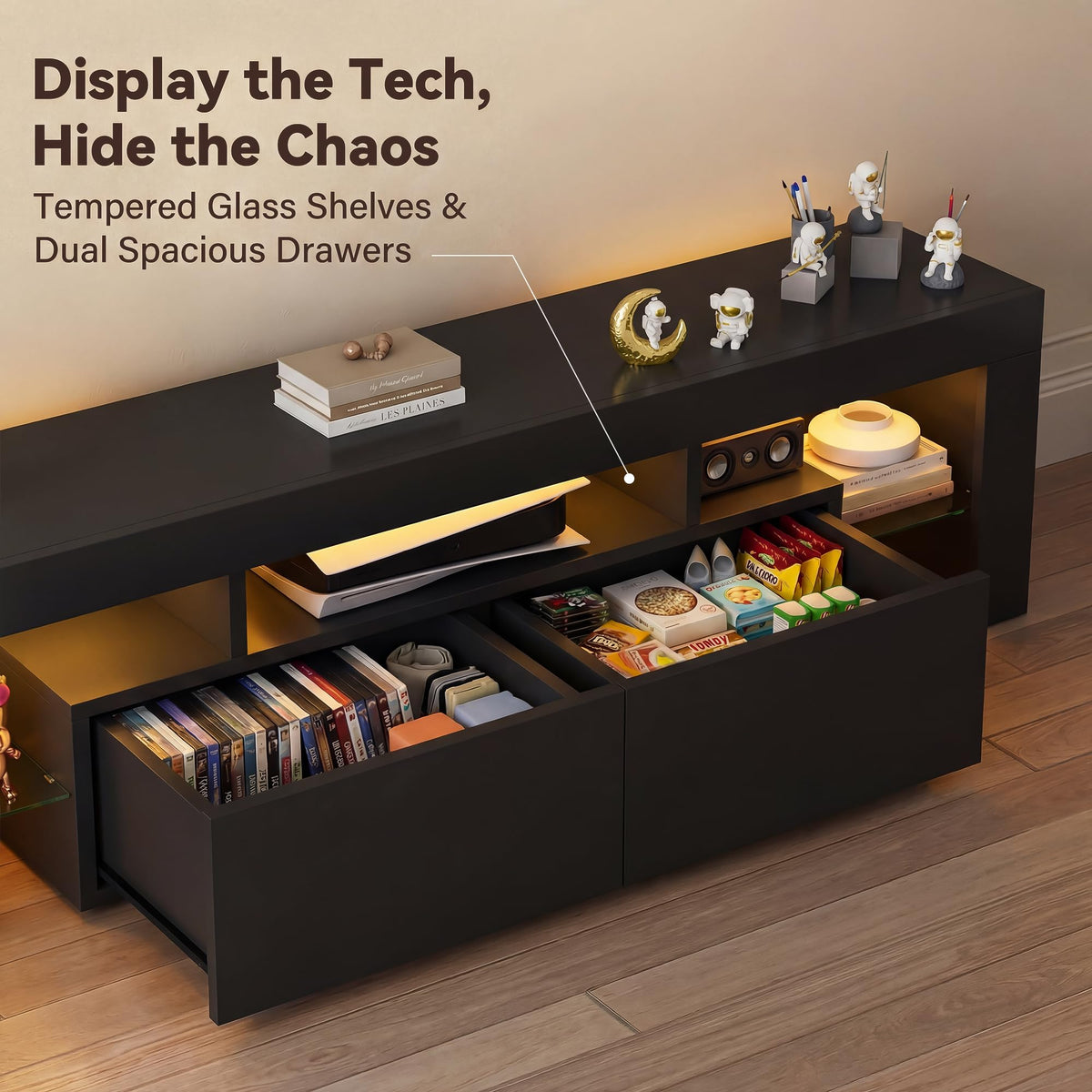YESHOMY 63 Inch LED TV Stand for 70" TV, Modern Entertainment Center, Black