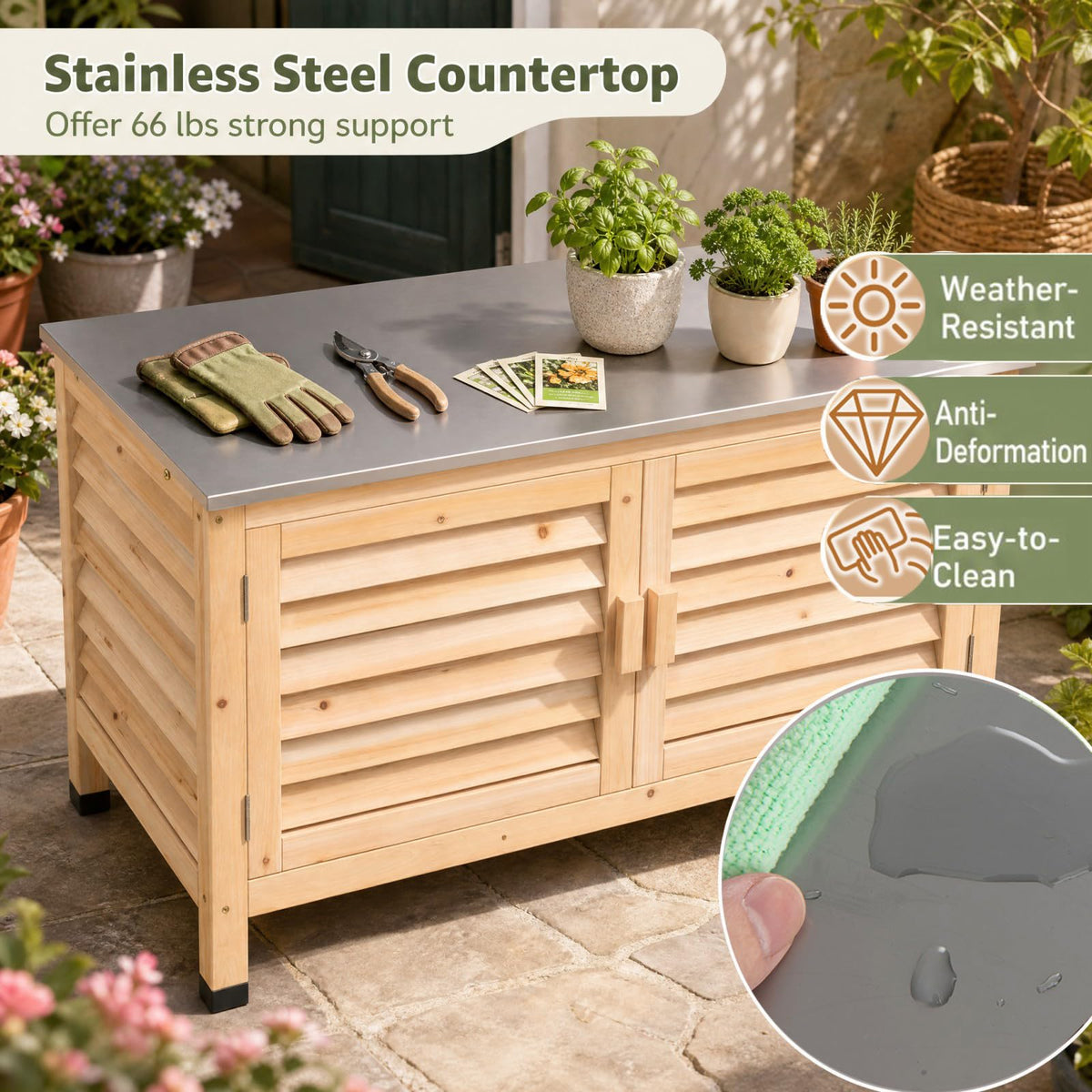 Goplus Patio Storage Cabinet, 2-Door Console Table (Natural)