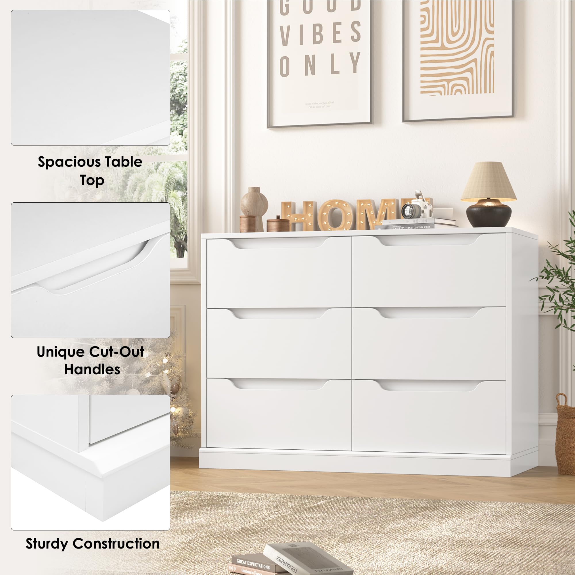 HOSTACK Modern 6 Drawer Dresser, Double Chest of Drawers with Storage, Large Wooden Storage Dresser Organizer with Cut-Out Handles, Accent Storage Cabinet for Living Room, Entryway, White