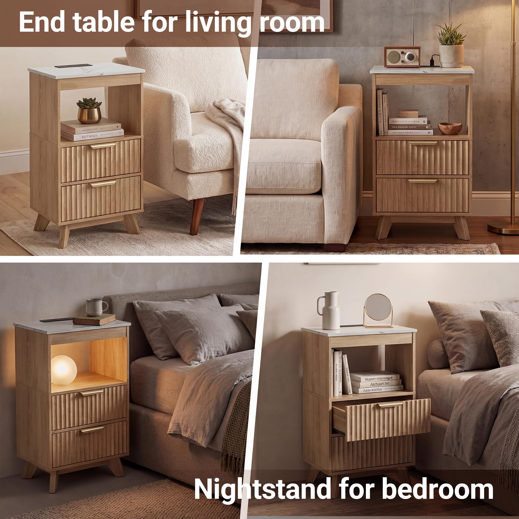 Fluted Tall Nightstand Set of 2 with Charging Station & Storage Drawers