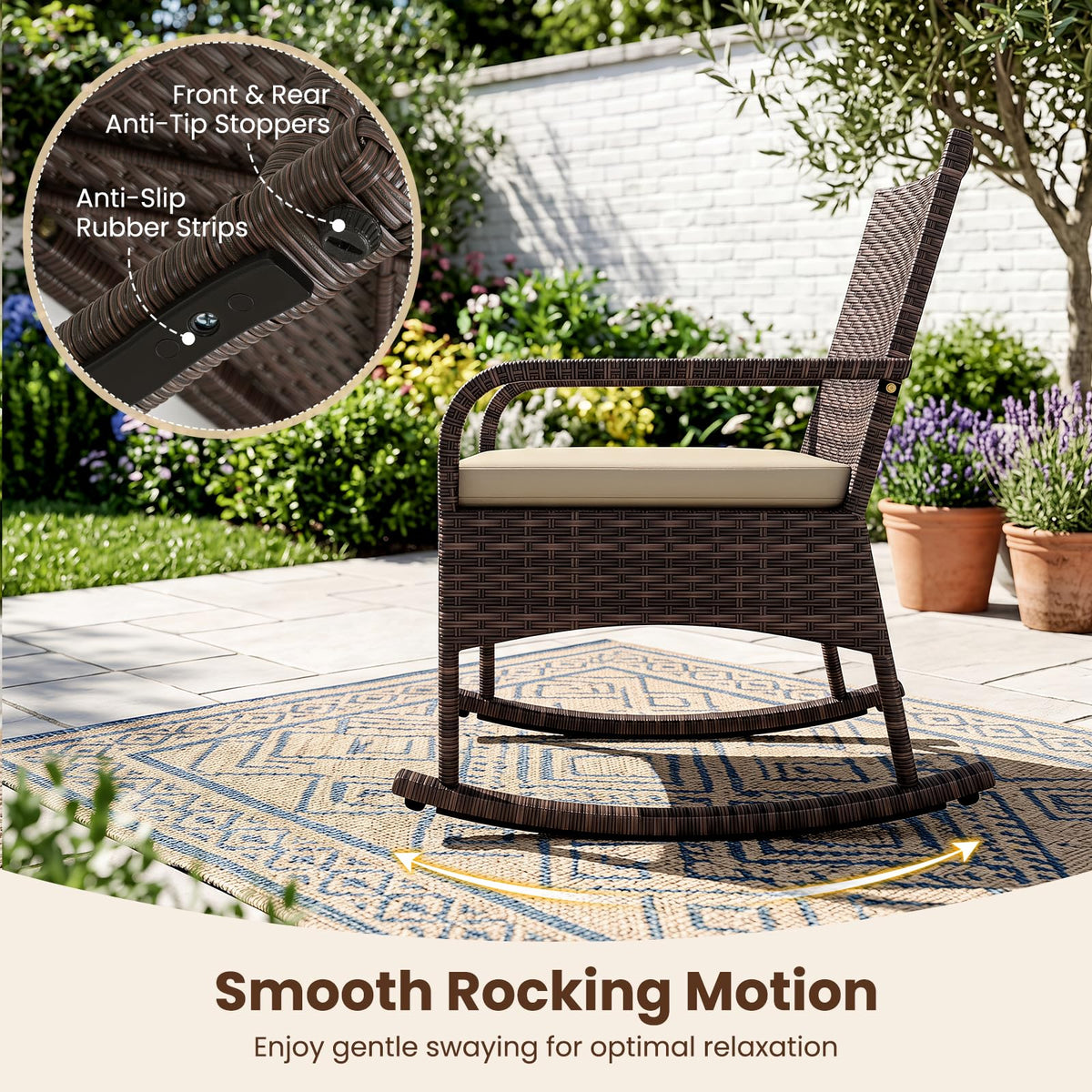 Tangkula 3-Piece Outdoor Wicker Rocking Bistro Set with 2-Tier Coffee Table