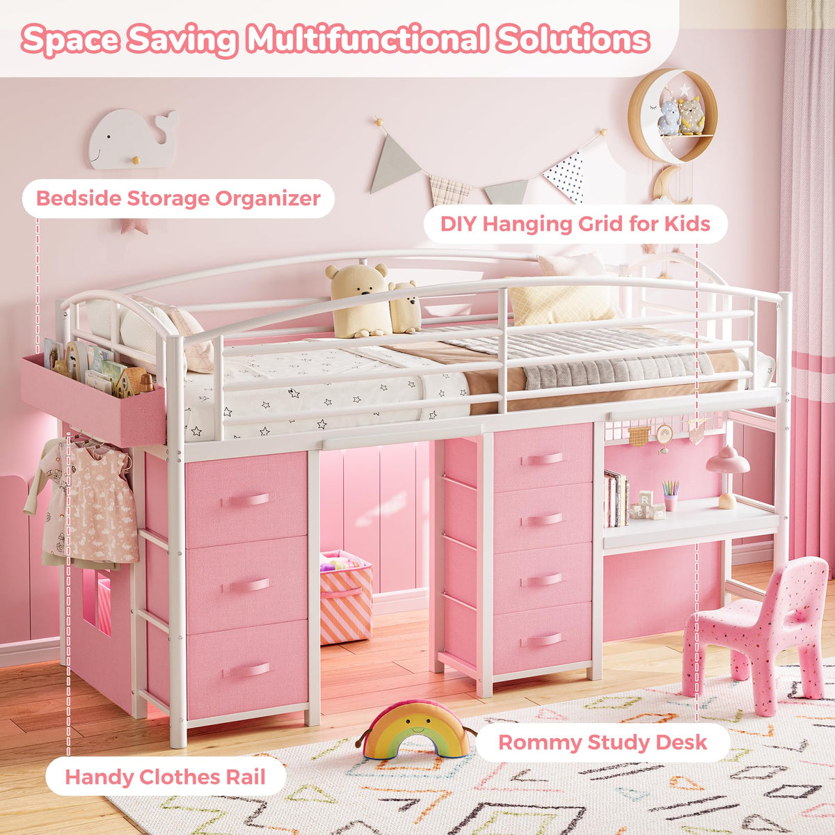Low Loft Bed Twin Size with 7 Storage Drawers, Desk and LED Lights, Heavy Duty Metal Kids Loft Bed with 13.8" H Safety Guardrail, Anti-Collision Pad, Private Play Curtain, Under-Bed Play Space - Pink