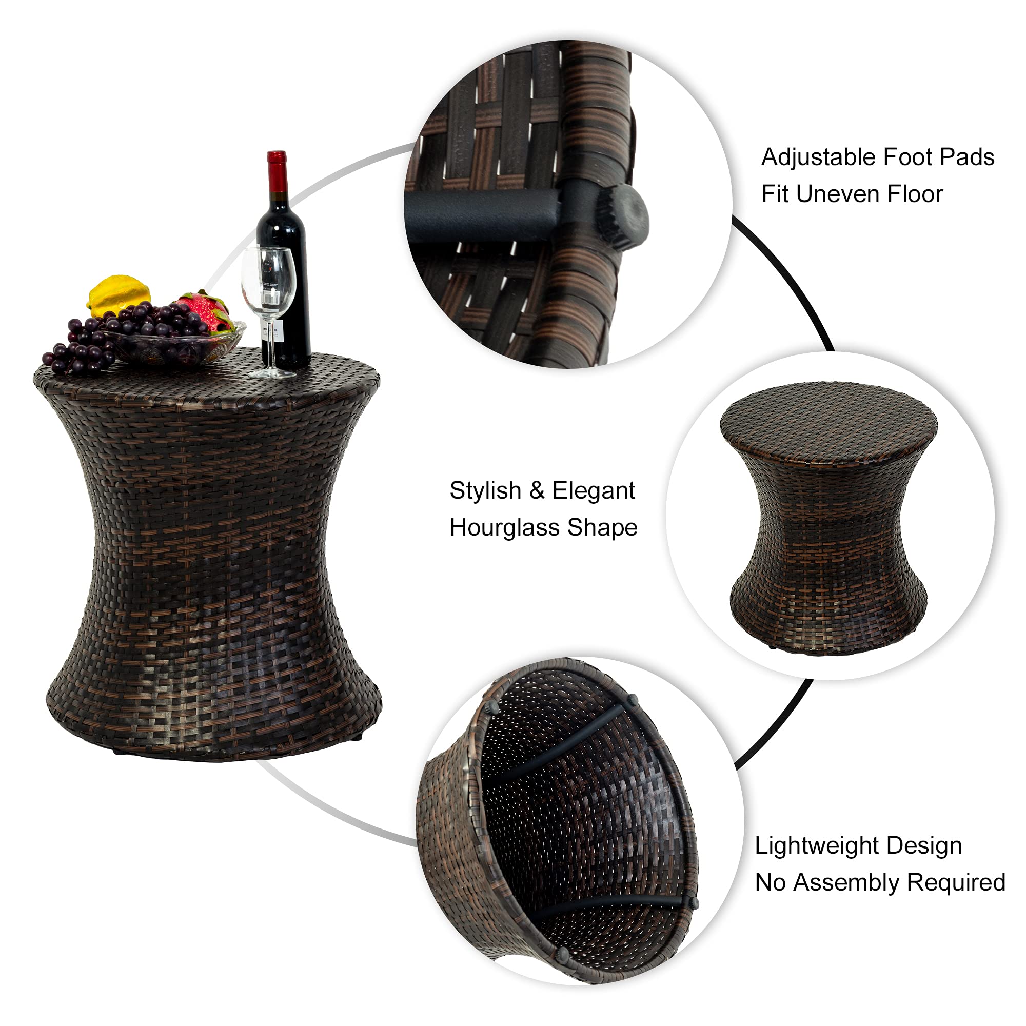 Wicker Patio Side Table – Hourglass PE Rattan, Steel Frame, 20"