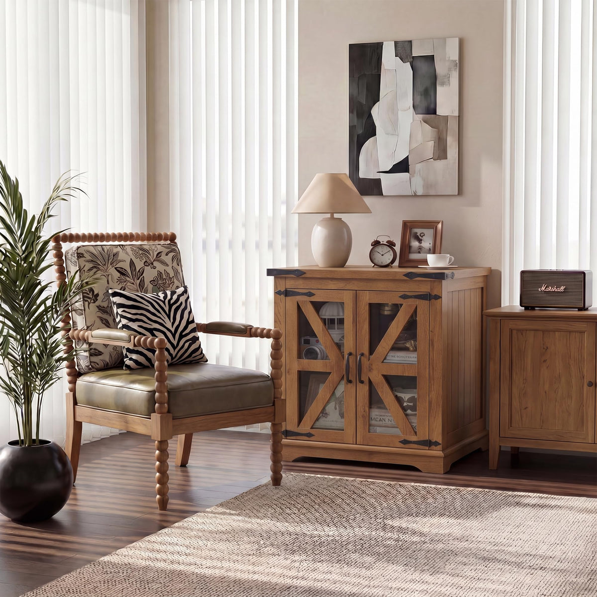 BEROXII Farmhouse End Table, 24" Large End Tables with Storage, Rustic Square Sofa Beside Table with Glass Barn Door, Wood Side Table Square Nightstand for Living Room, Bedroom, Office (Brown)