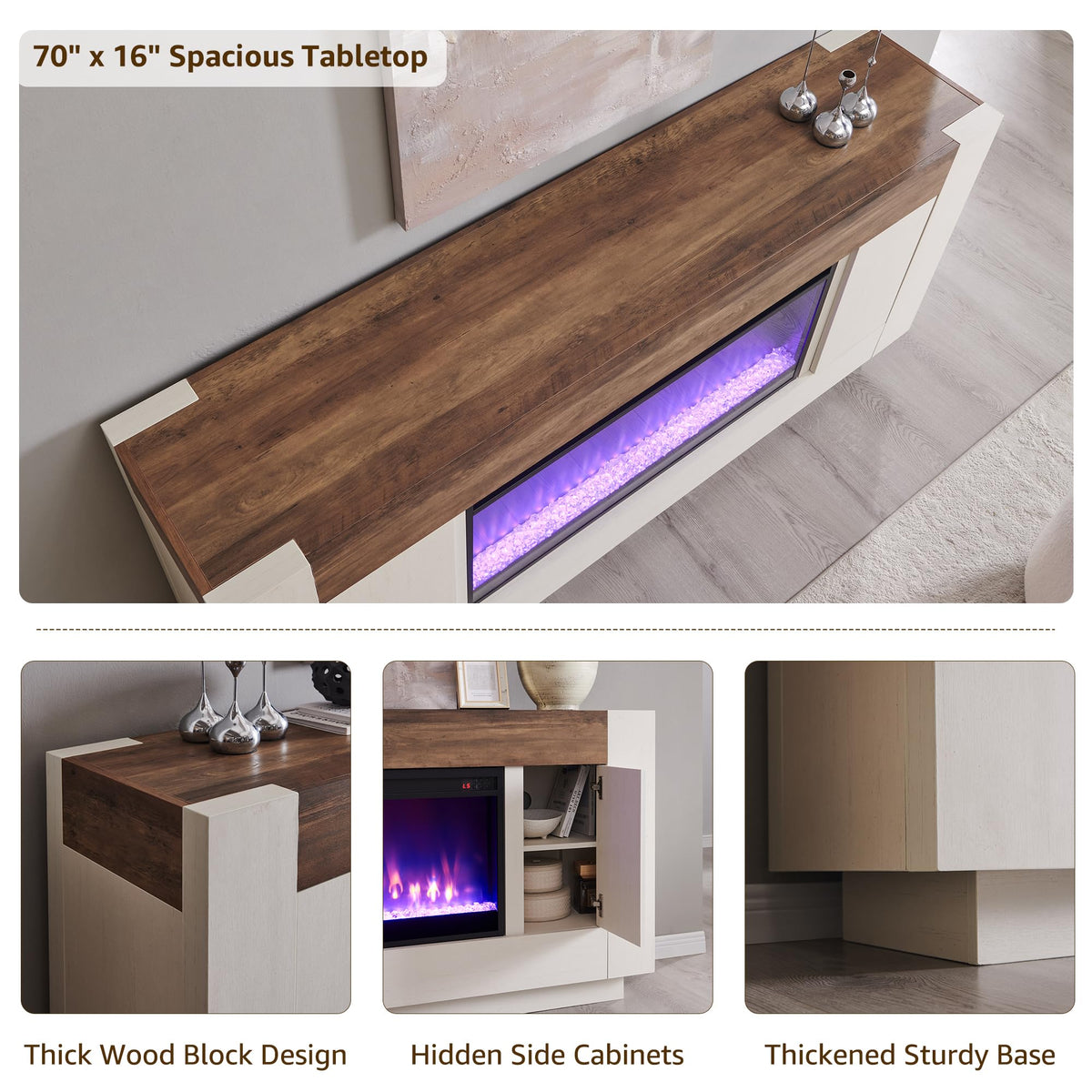 OKD 70" Fireplace TV Stand for 80" TV, Thick Block Media Console, White