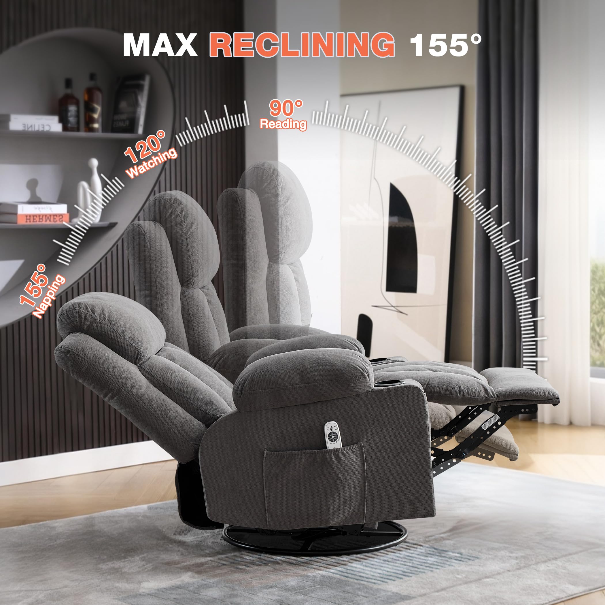 BOSMILLER Swivel Rocker Recliner Chair with Vibration Massage and Lumbar Heating Ergonomic Lounge Chair for Living Room with Rocking Function and Side Pocket, 2 Cup Holders, USB Charge Port
