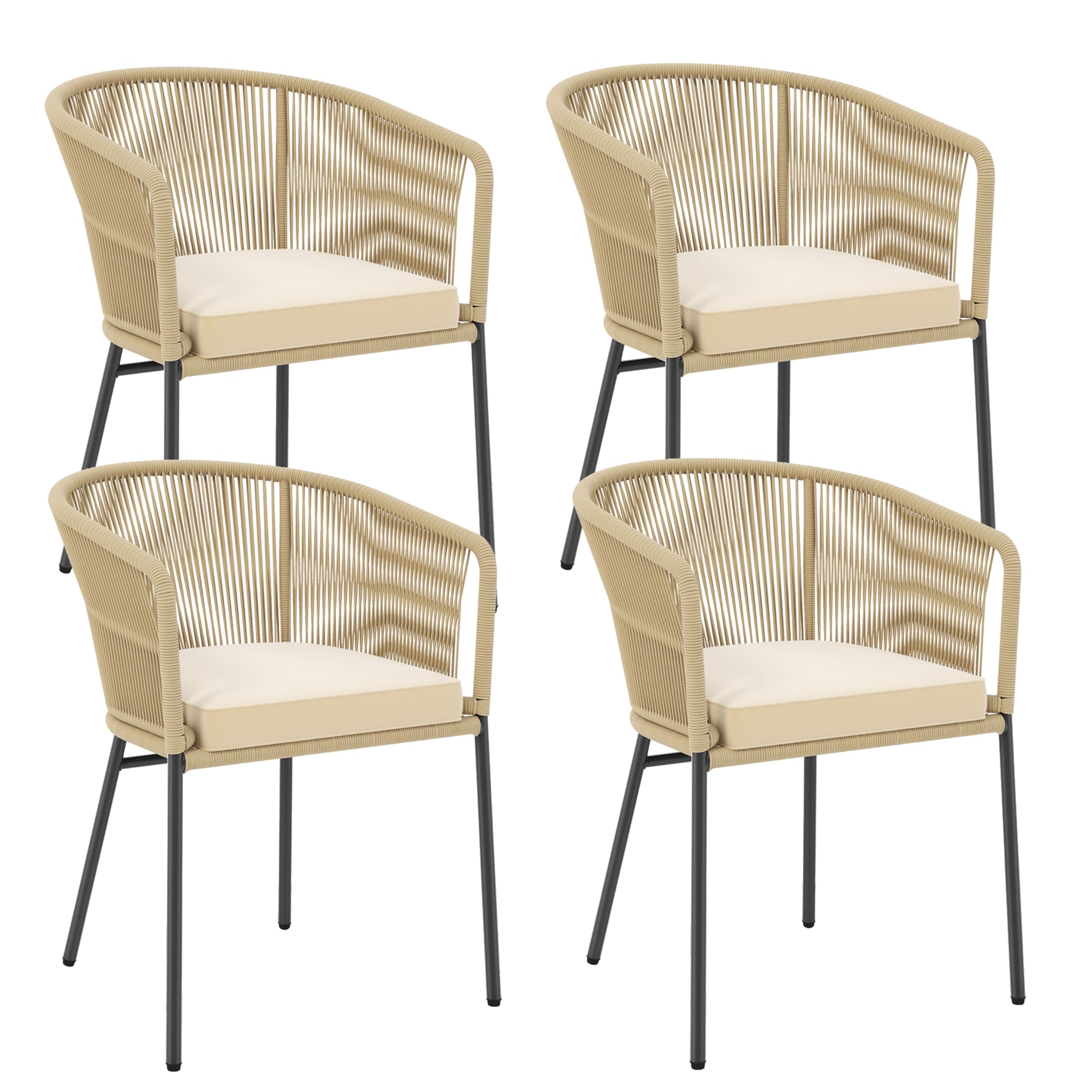 Tangkula Patio Chairs Set of 4, Outdoor Accent Chairs with Woven Rope Curved Backrest & Armrests, Seat Cushion, Adjustable Foot Pads, Modern Dining Chair for Dining Room, Patio, Backyard, Beige