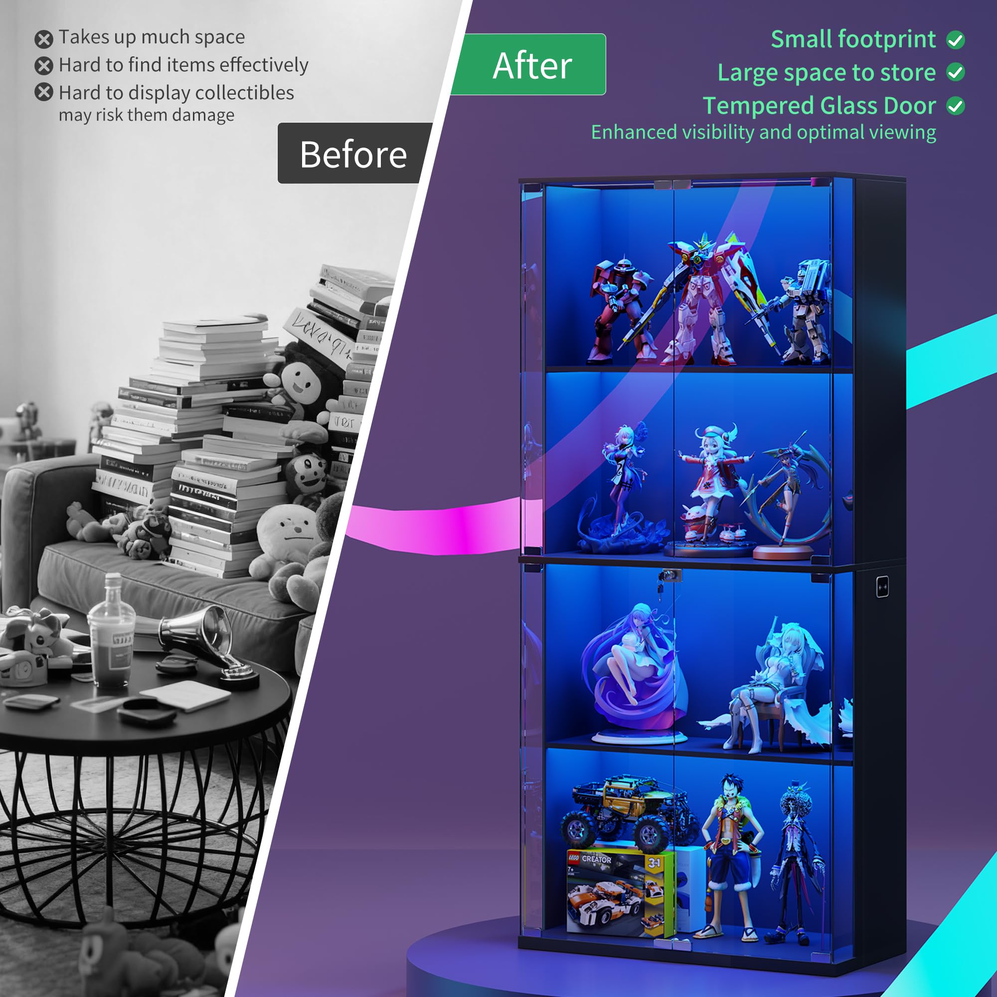 66" Glass Display Cabinet with LED Lights & Lock