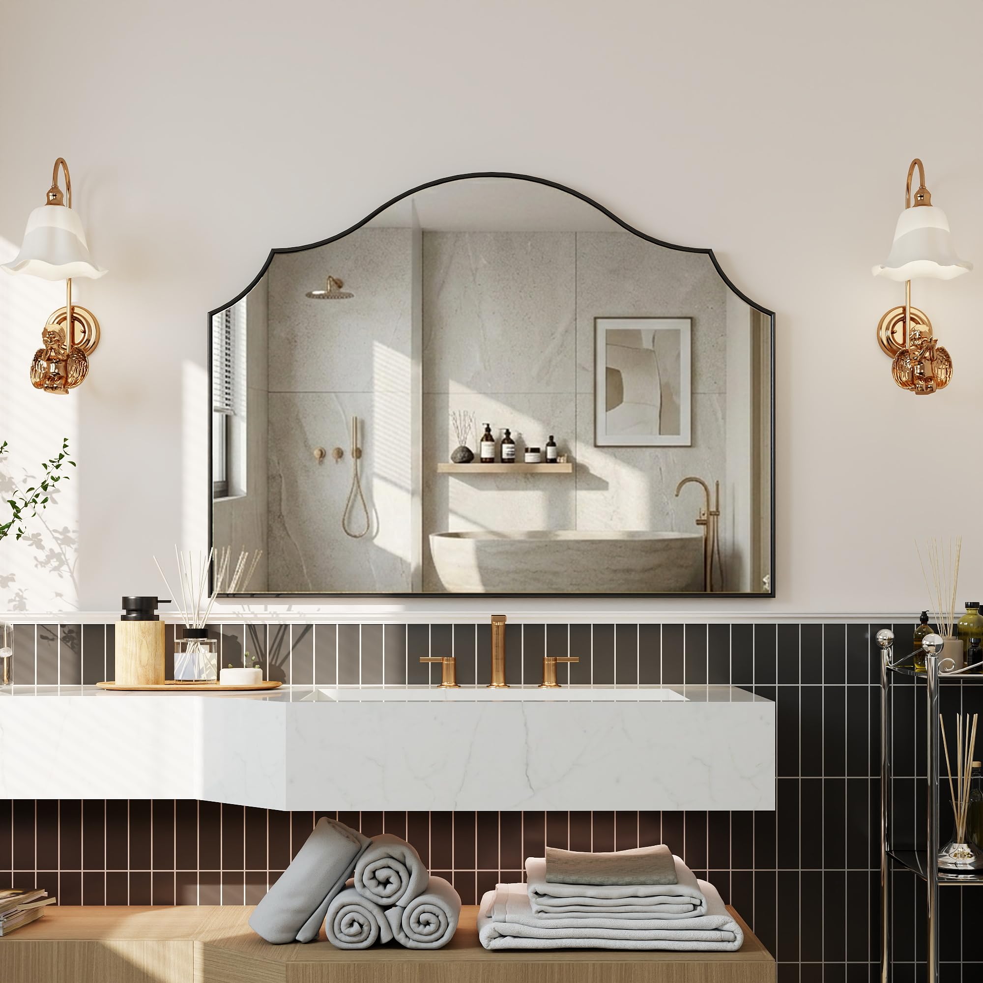 VIWILII 26"x35" Black Scalloped Vanity Mirror, Modern Minimalist Wall Mounted Wooden Arched Mirror for Bathroom, Living Room, Bedroom, Hallway, Fireplace, Entryway, Dresser