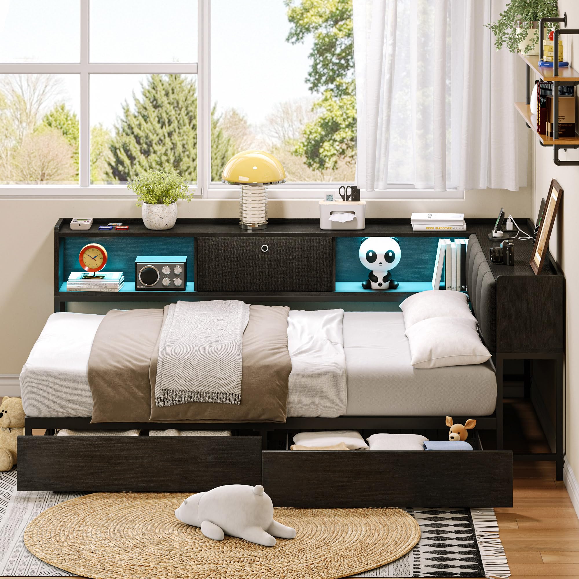 iPormis Twin Corner Bed Frame with 2 Storage Drawers, LED Lights & Charging Station, Storage Upholstered Headboard, Sturdy Platform Daybed for Living Room, Bedroom, Guest, Easy Assembly, Black