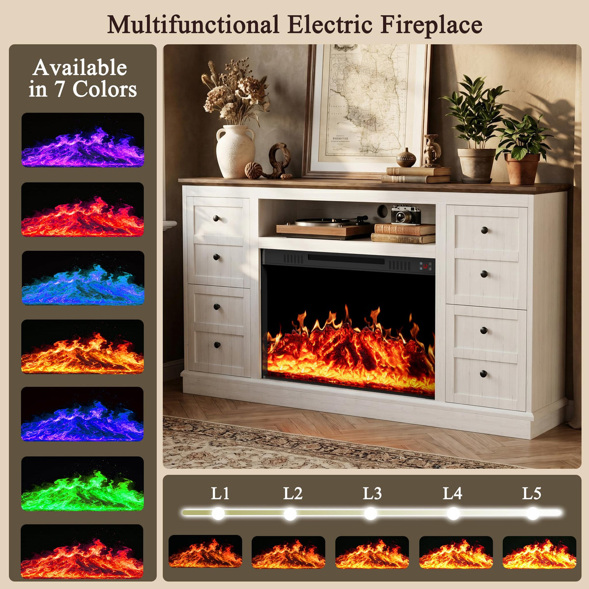 Leramaner 62" Farmhouse Fireplace TV Stand for up to 75" TV, White