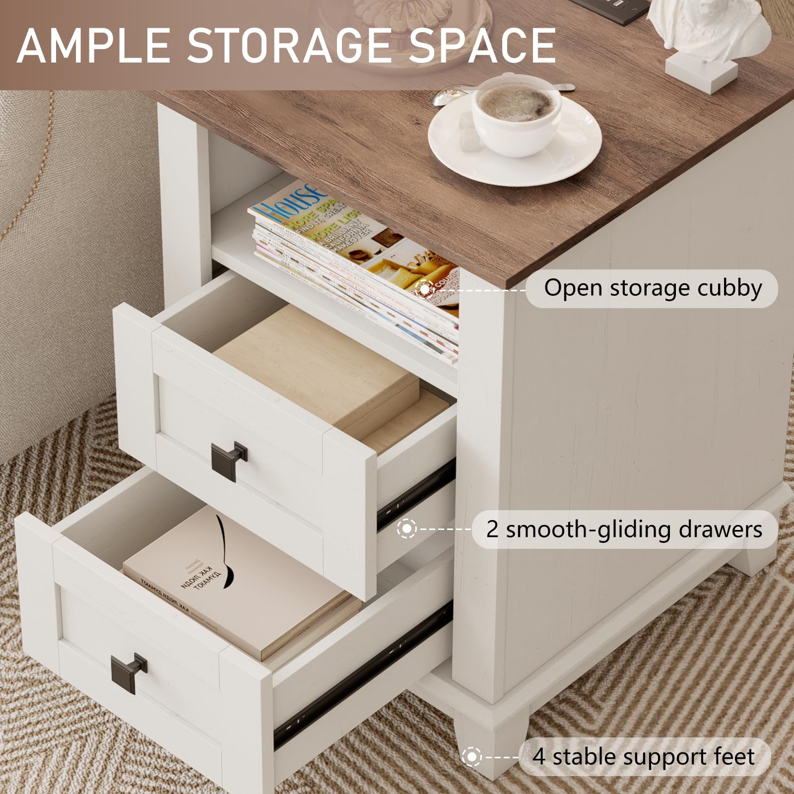 LUXOAK Farmhouse Nightstand Set of 2 with Charging Station, End Tables with 2 Storage Drawers & Open Shelf, Rustic Wood Bedside Tables for Bedroom, Living Room & Office, White/Barnwood