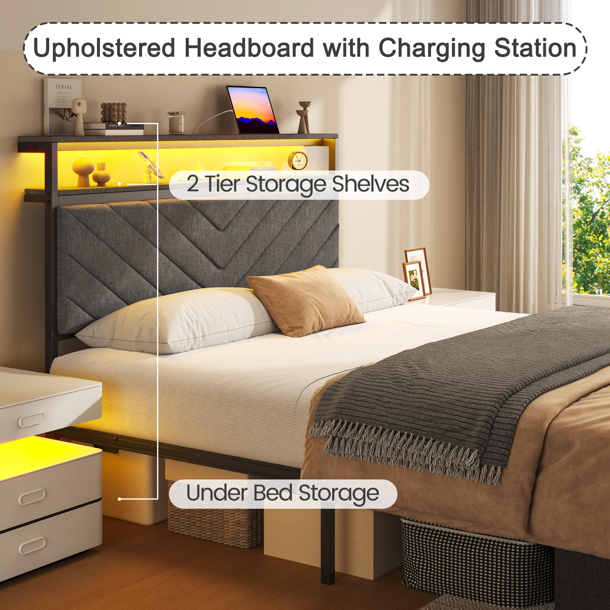 Upholstered Bed Frame with Storage Drawers, LED Lights & Charging Station