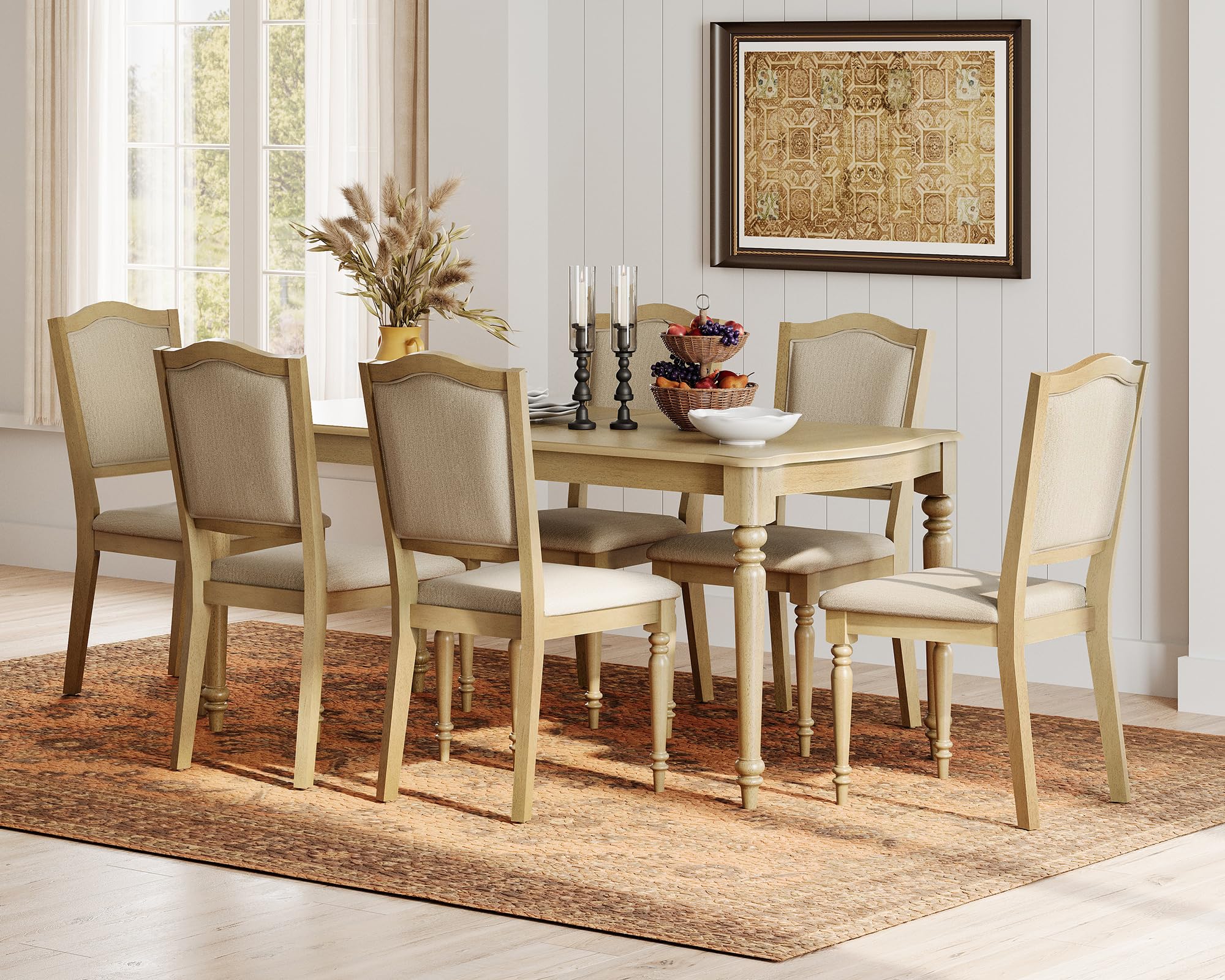 WAMPAT Dining Chairs Set of 6, Fabric Upholstered Kitchen Chairs with Cross-Back & Solid Wood Legs, Farmhouse Side Chair with Gourd-Shaped Leg for Dining Room, Living Room, Oak
