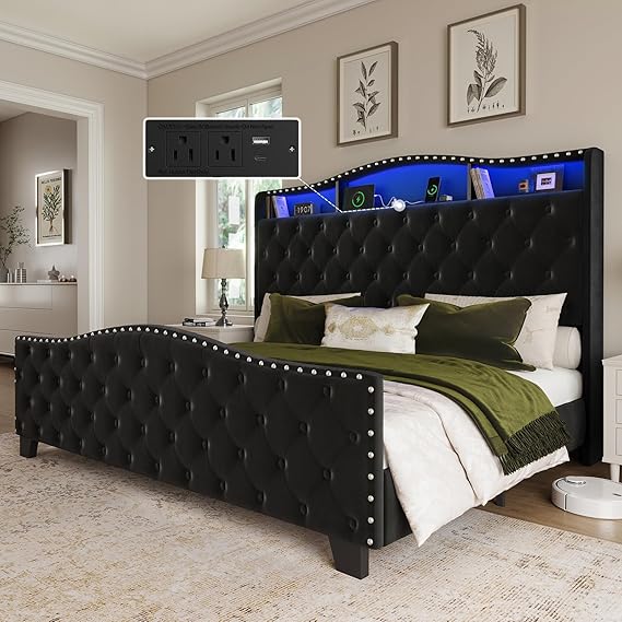 Velvet Wingback Bed Frame with LED Lights & Storage