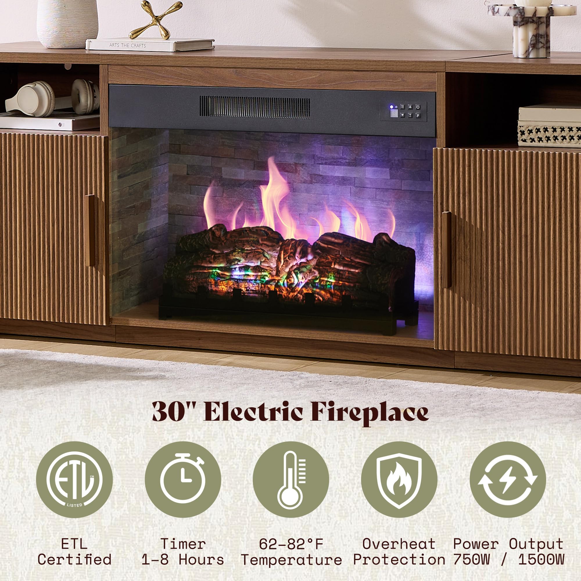 70" Fluted TV Stand with 30" Electric Fireplace