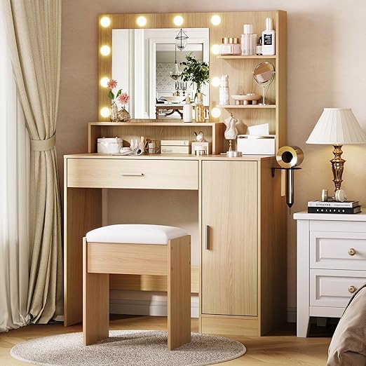 LED Vanity Desk with Mirror and Storage