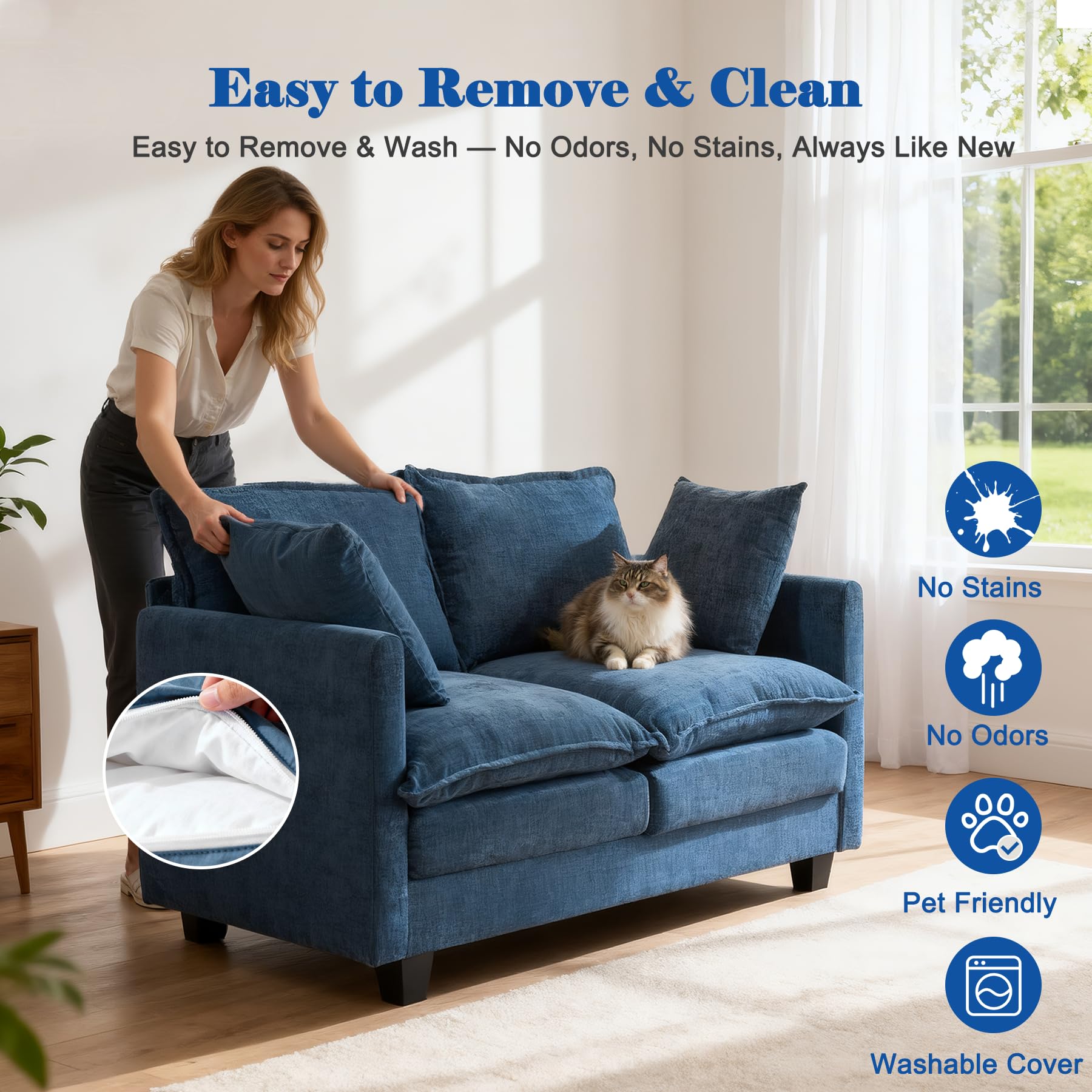 MUDANT Loveseat Sofa Cloud Sofa Couch 50'', Modern Loveseats 2 Seat Couch 27" Deep Seat with 2 Pillows for Small Spaces Apartment Studio Office Bedroom Living Room 8834-BLUE