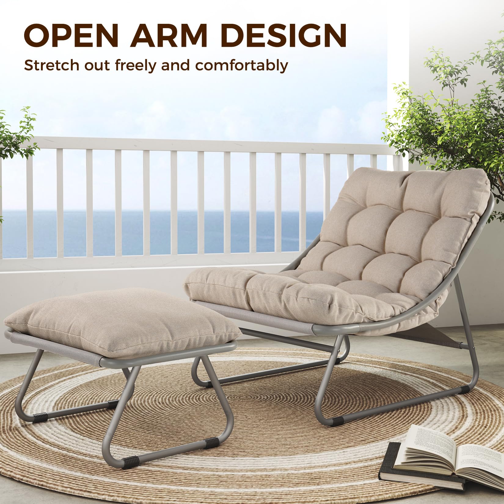Outdoor Sling Recliner Lounge Chair with Ottoman & Cushion
