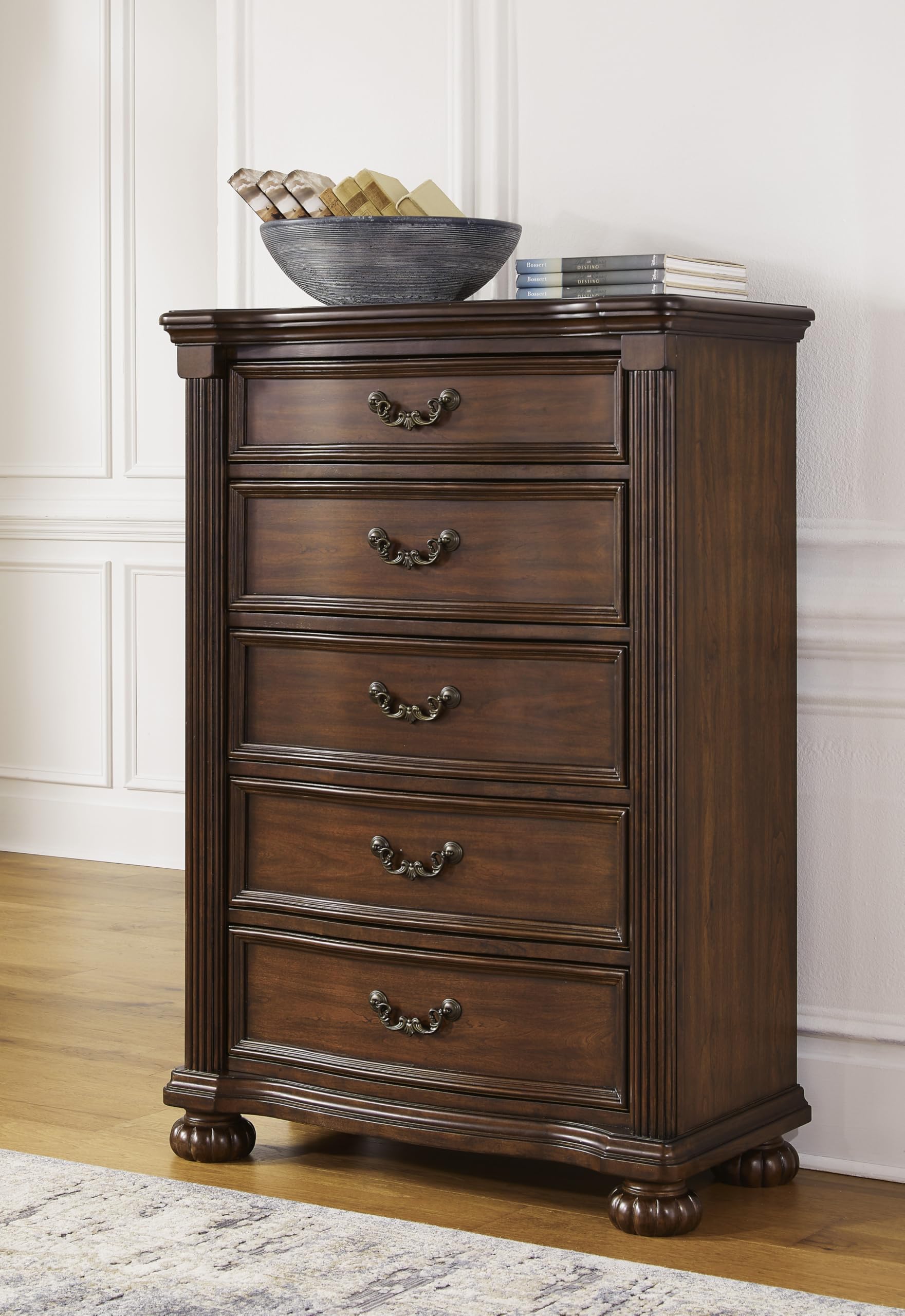Signature Design by Ashley Lavinton Traditional Chest with 5 Smooth-Gliding Drawers, Metal Drawer Pulls, Wood, Cherry Brown Finish, 35.38' W x 17.88' D x 51' H