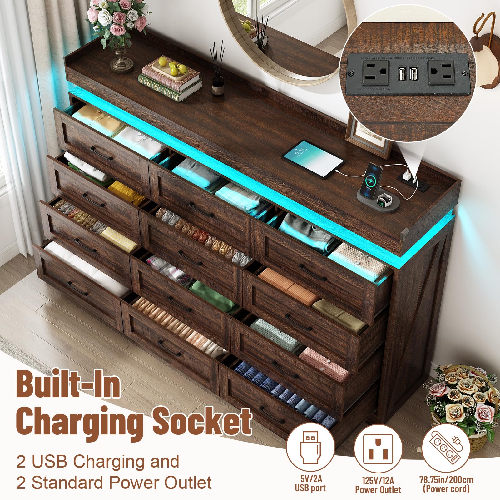 Farmhouse 12-Drawer Dresser with LED Light & Power Outlets