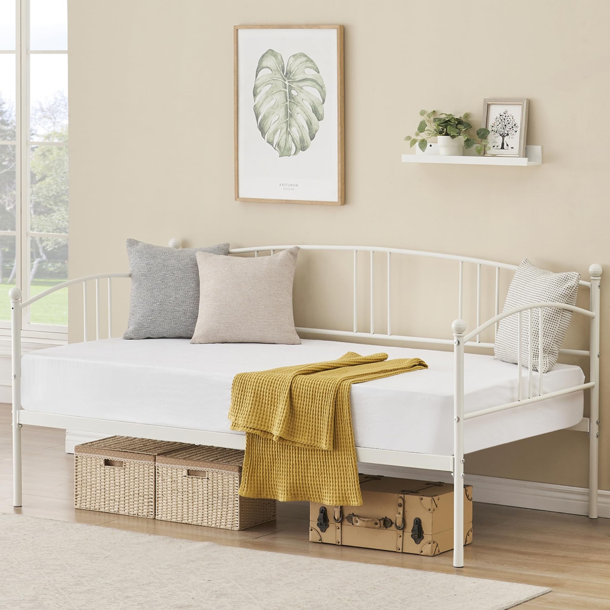 IDEALHOUSE Twin Daybed with Trundle, Metal Twin Size Daybed with Pullout Trundle 6 Casters, Steel Slat Support Sofa Bed for Living Room, Bedroom, Guest Room (White)