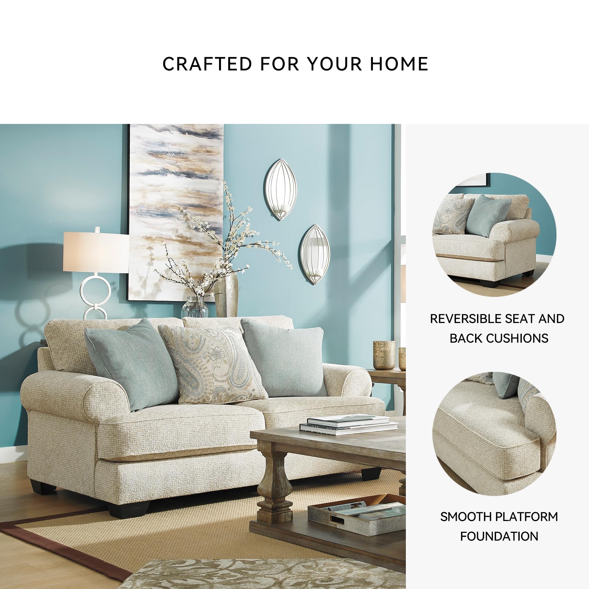 Chenille Loveseat with Rolled Arms, Reversible Cushions & Accent Pillows