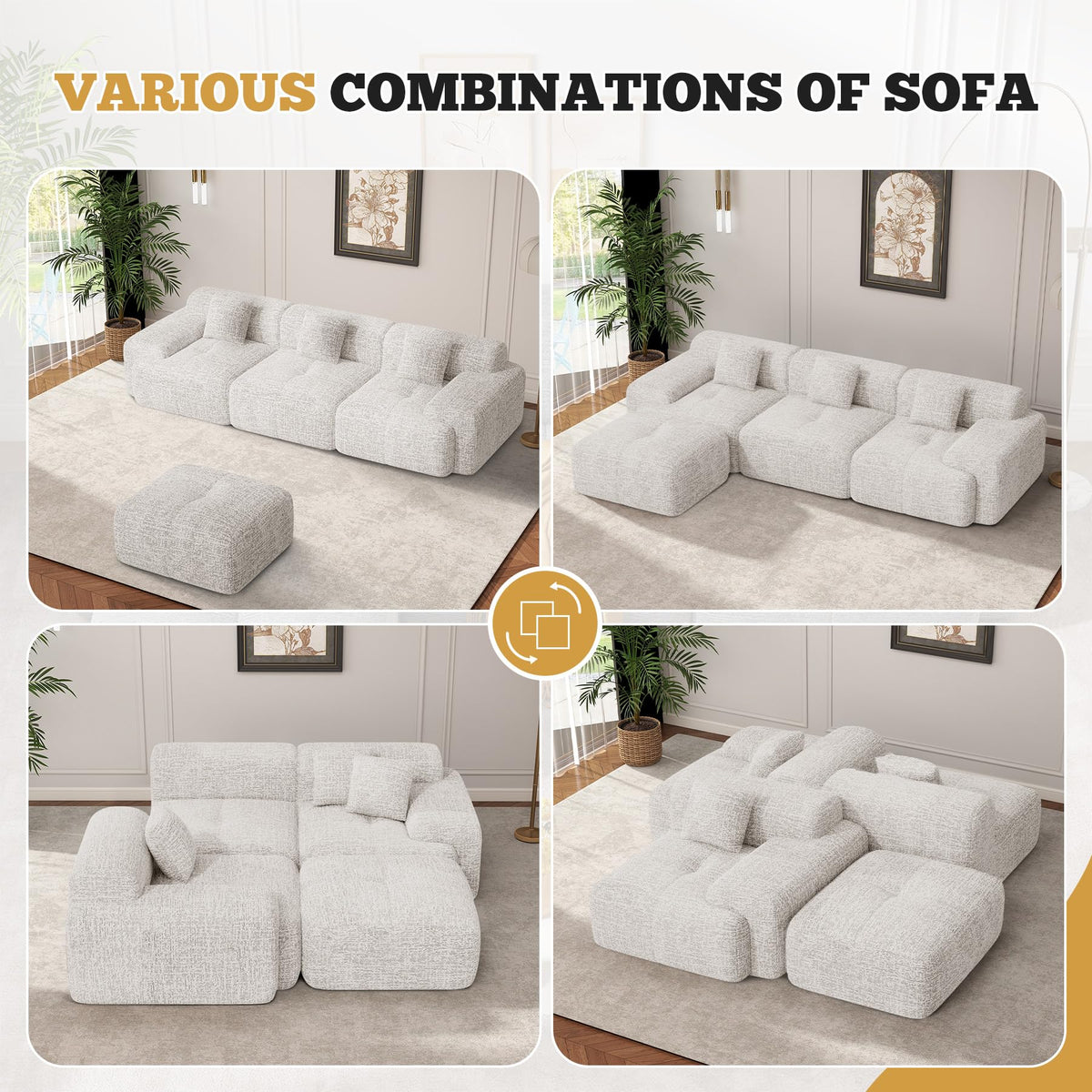 122" Modern L Shaped Modular Sectional Sofa, Boneless Couches for Living Room with Ottoman,4 Seater Convertible Chenille Cloud Couch Sofa Set, No Assembly Required, Beige 1 PCS