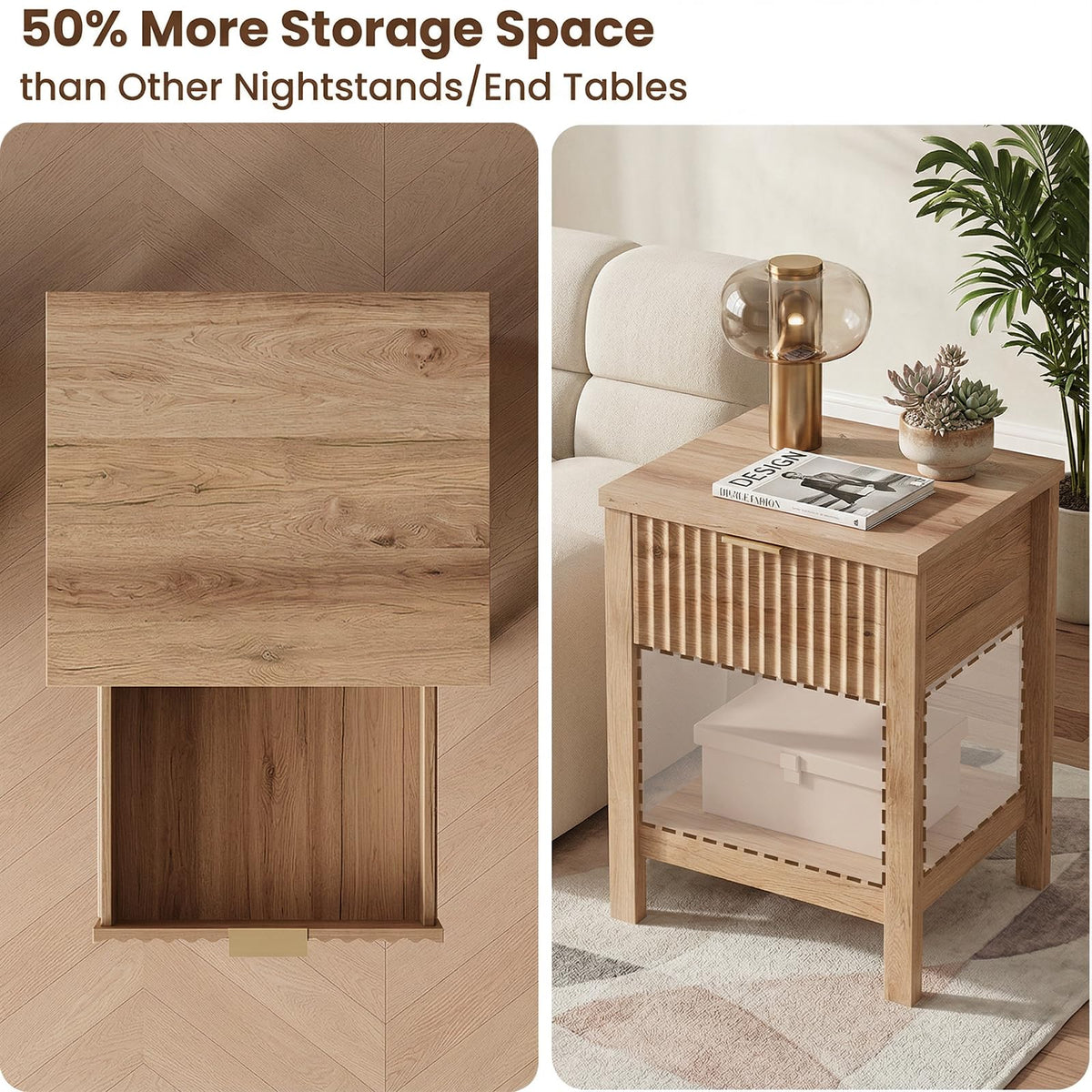 TROJM Fluted Nightstand Set of 2 with Drawer and Open Shelf,Oak