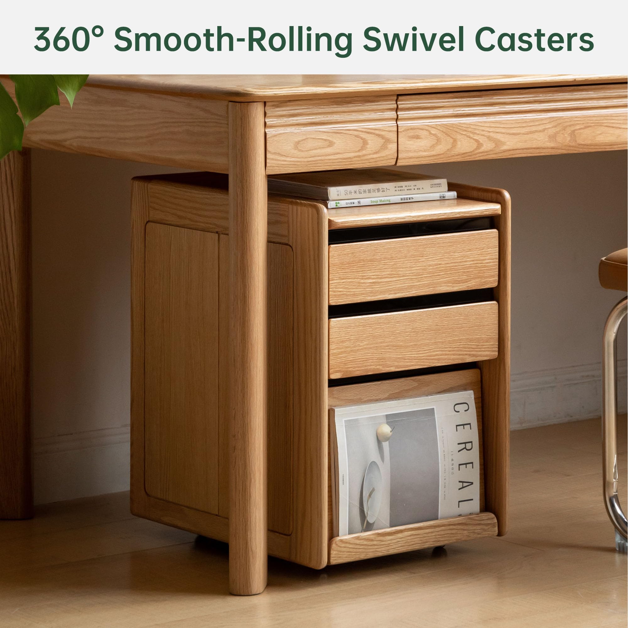 Solid Wood Rolling Side Table with Storage