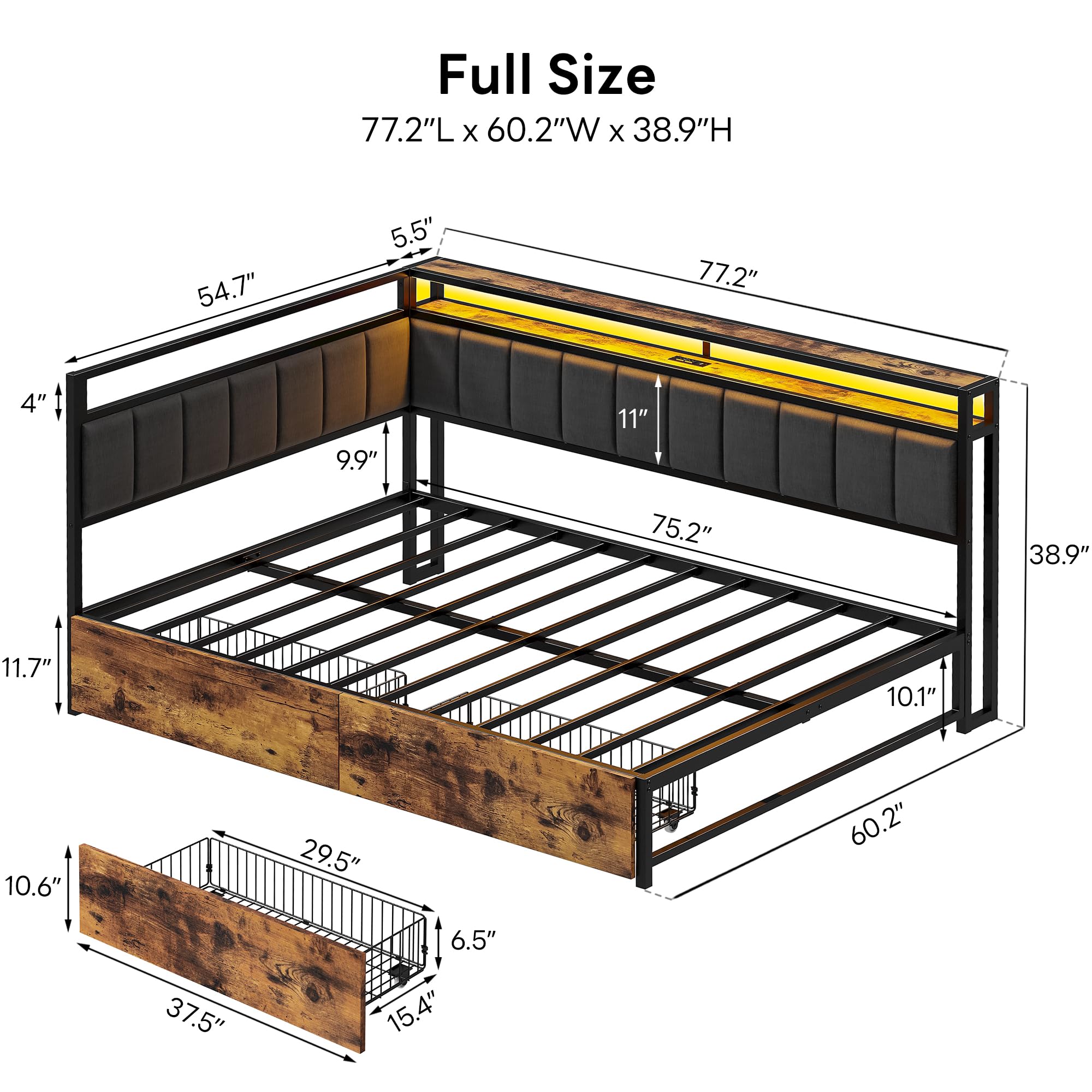 LIKIMIO Corner Bed Frame Full Daybed with Storage Drawers, Metal Platform Bed Frame with LED Light, Charging Station & Fabric Upholstered Fence, Black