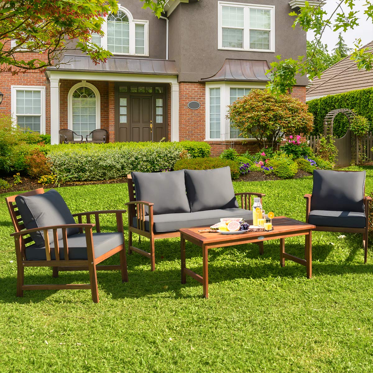 Tangkula 4 Pieces Acacia Wood Patio Furniture Set, Outdoor Seating Chat Set with Gray Cushions & Back Pillow, Conversation Set with Coffee Table, Ideal for Garden, Backyard, Poolside