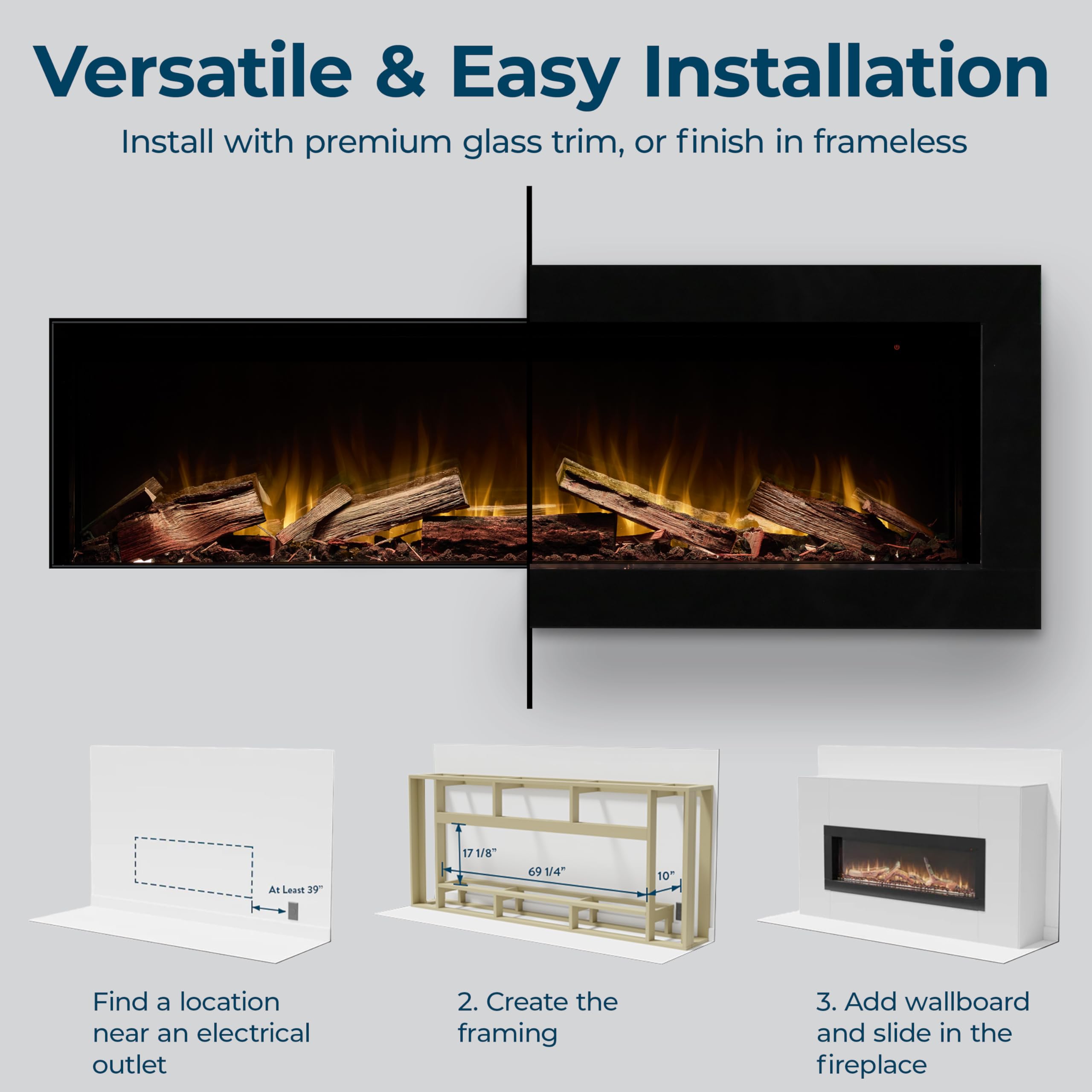 Linear Electric Fireplace Insert with Hidden Vent & Real Log Option