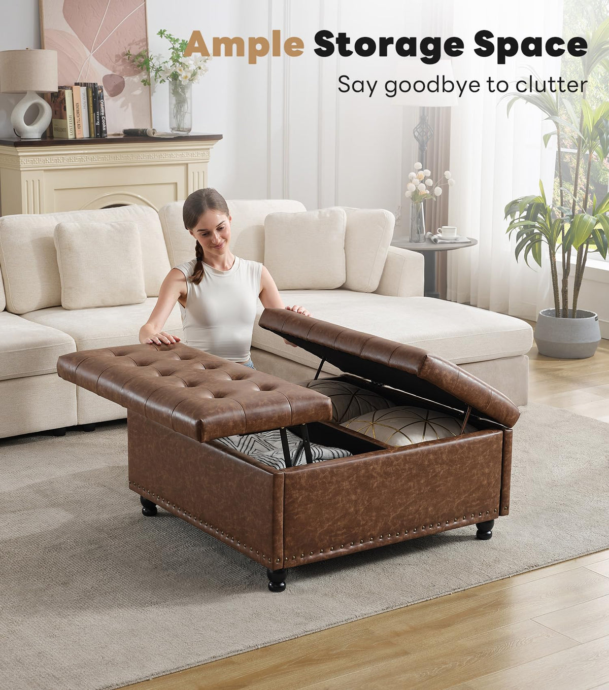 Tbfit 35.5" Large Square Lift Top Storage Ottoman Coffee Table, Brown