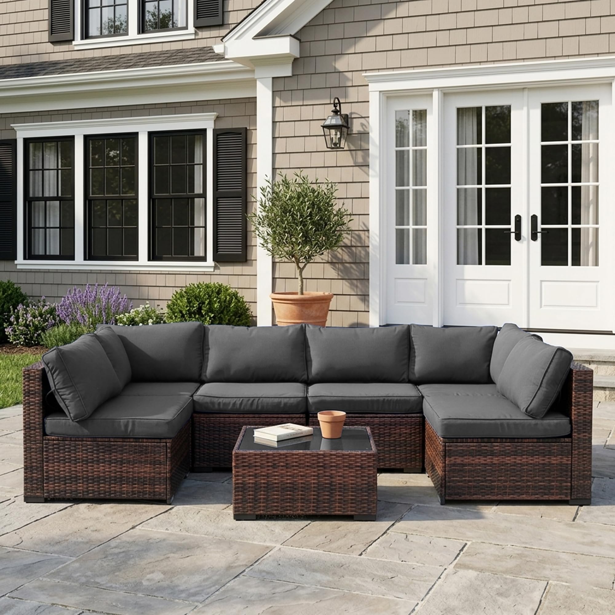 7-Piece Outdoor Sectional Sofa Set with Glass Table & Rain Cover