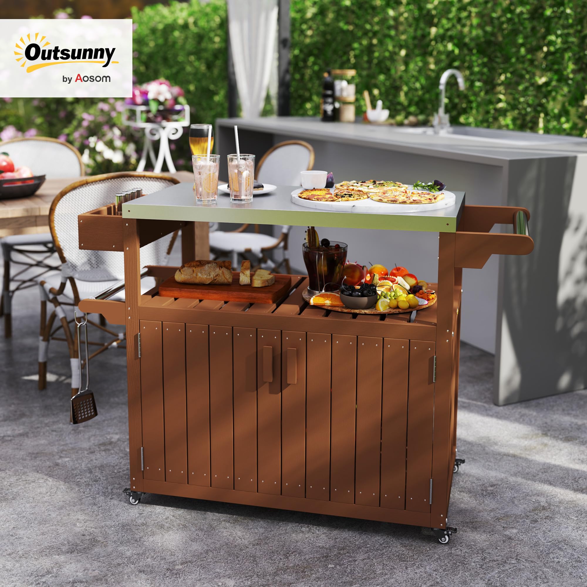 Outsunny Outdoor Bar Cart with Storage Cabinet, Stainless Steel Top Kitchen Island on Wheels, HDPE Outdoor Bar Table, Movable Patio Beverage Food Prep Table for BBQ Picnic, Brown