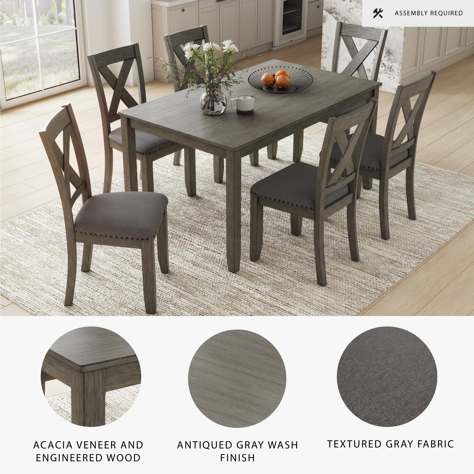 7-Piece Rustic Dining Set with X-Back Upholstered Chairs