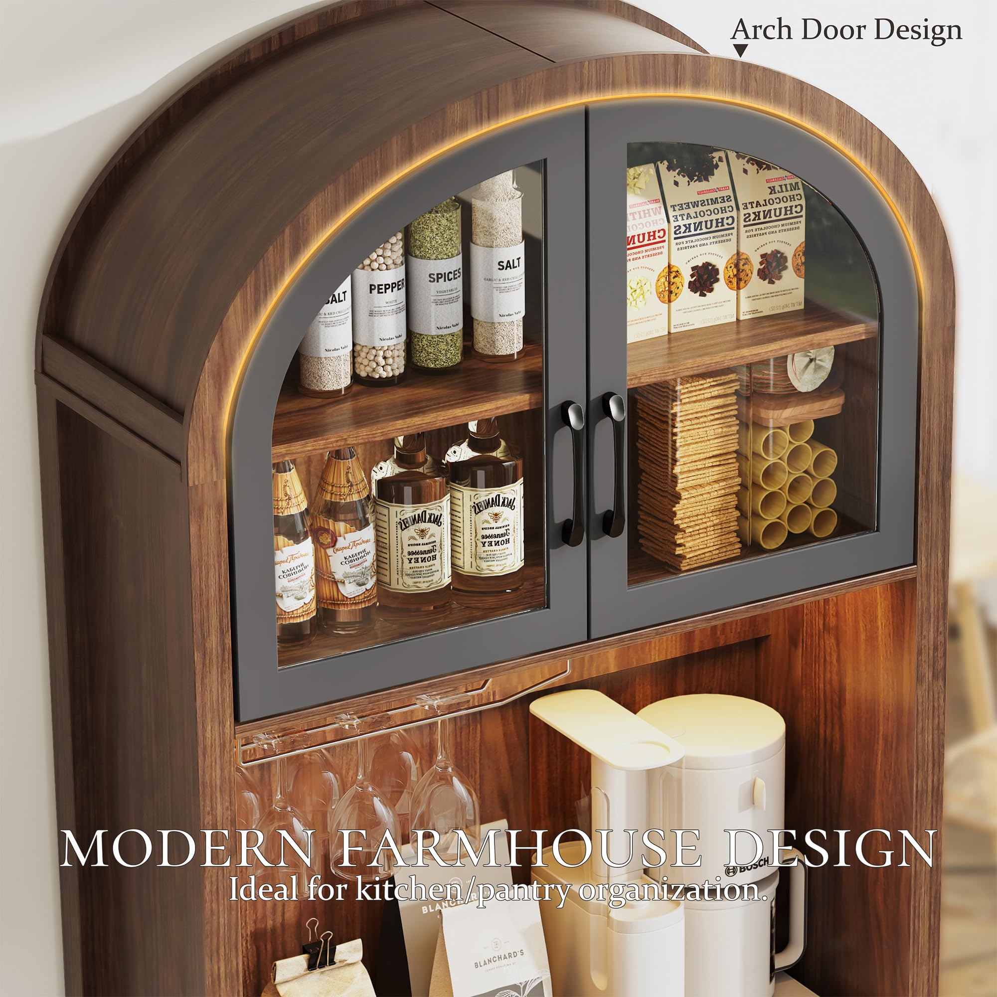 beronbaer 75" Tall Arched Pantry Cabinet with Charging Station & LED Light, Kitchen Pantry Cabinet with Microwave Stand, Drawers and Adjustable Shelf, Coffee Bar Liquor Cabinet for Dining Room