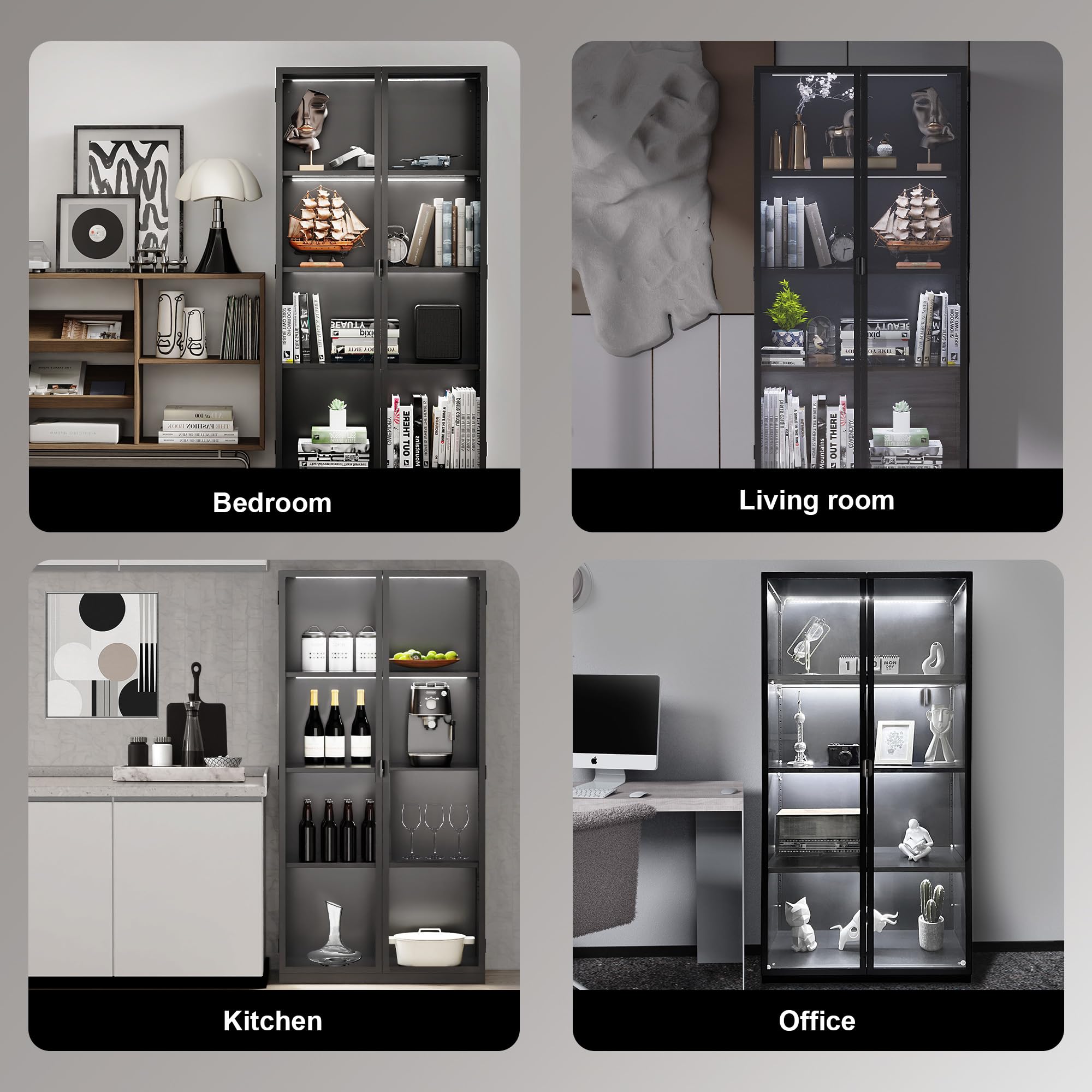 Kelueo 63" H Display Cabinet with Glass Doors,Tall Display Cabinet with LED Lights,Display Case for Collectibles,Glass Display Cabinets with 3 Adjustable Shelves for Living Room,Bedroom,Office