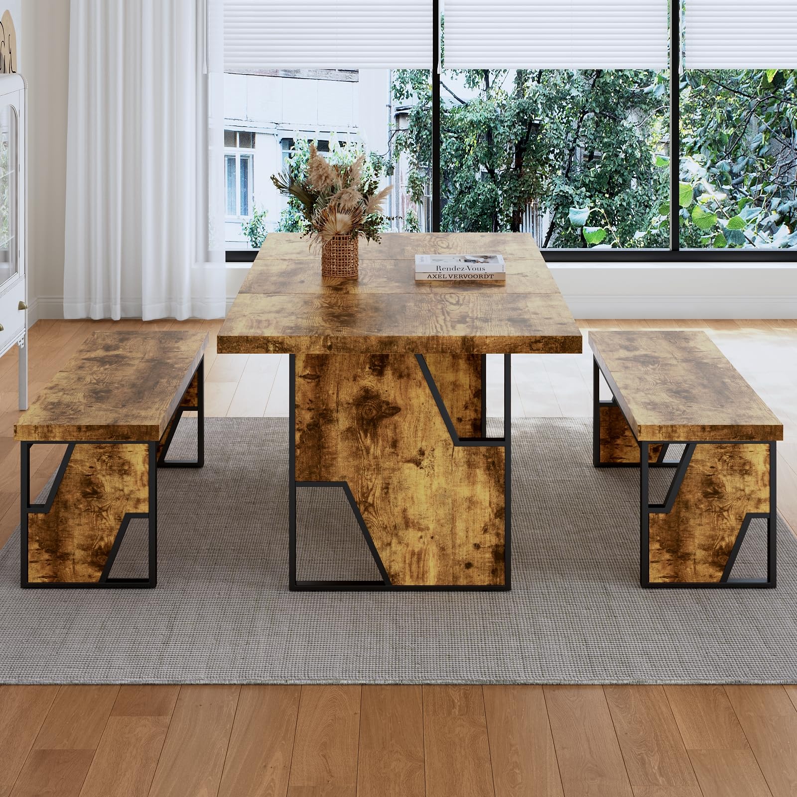 70.8-Inch Dining Table Set with 2 Benches | MDF & Metal | Seats 6-8