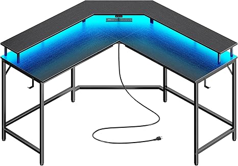 L-Shaped Gaming Desk with LED Lights & Power Outlets